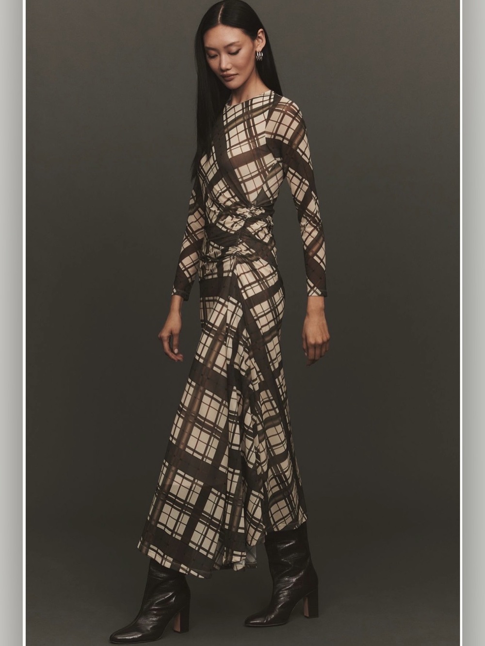by Anthropologie Long-sleeve Ruched Mesh Midi Dress, Brown Plaid Size M, NWT